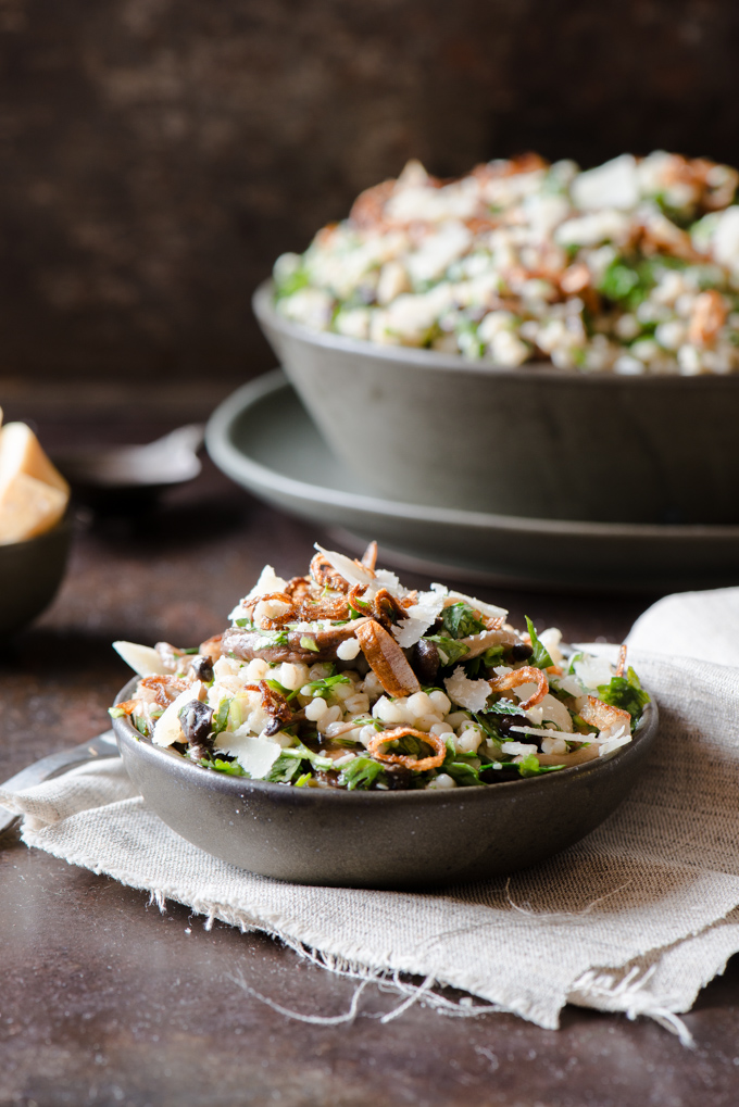 Mushroom & Barley Salad - Bright flavours of lemon & herb, mixed with savory butter basted mushrooms & fried shallots.