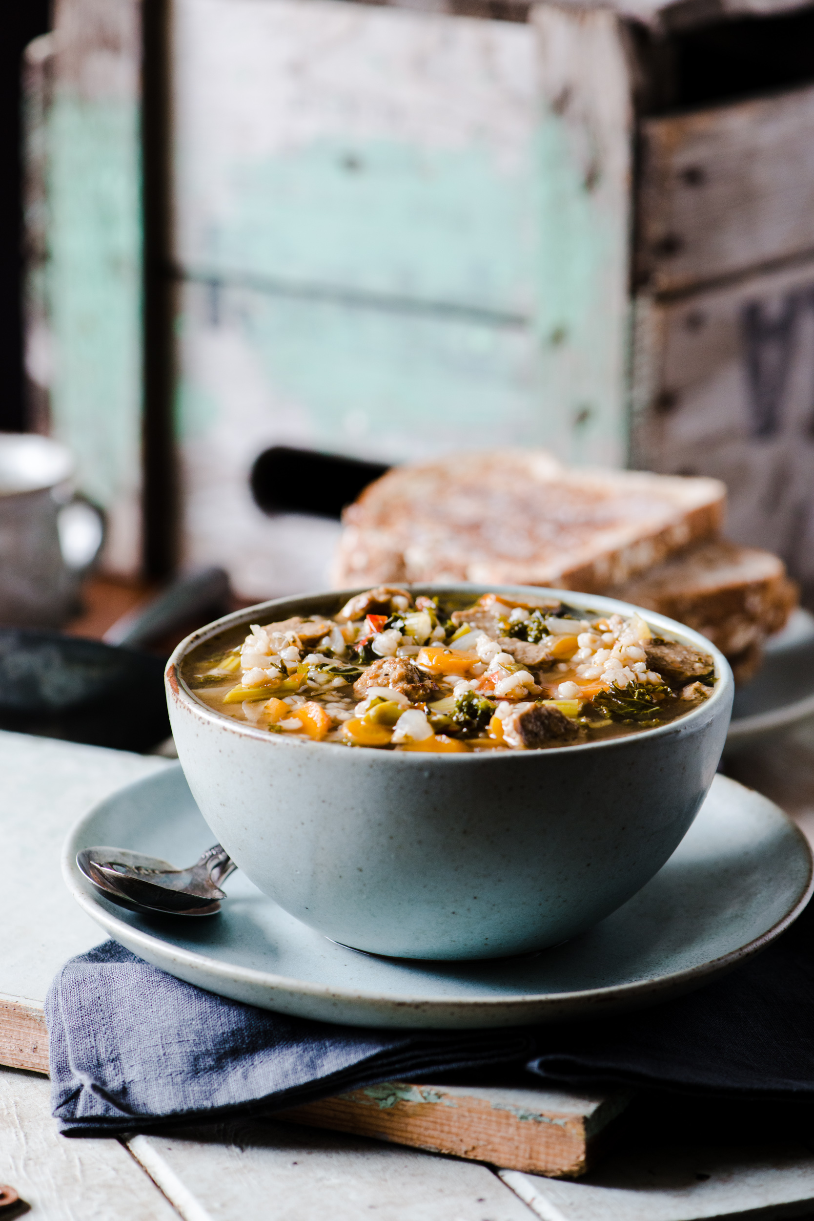 Tuscan Barley Soup - A hearty soup with turkey sausage, veggies, barley and more.