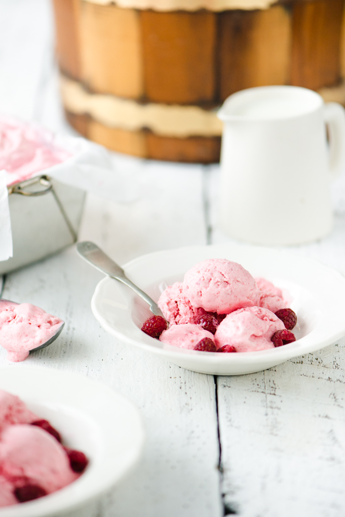 Raspberry Ice Cream - Fresh raspberries and sour cream, give this ice cream a bright, tangy flavour!