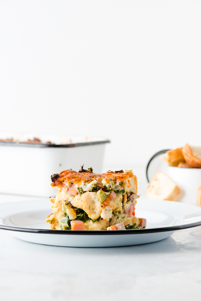 Mushroom, Kale, & Ham Breakfast Strata - Ready the night before, just pop it in the oven the next morning for an amazing brunch!