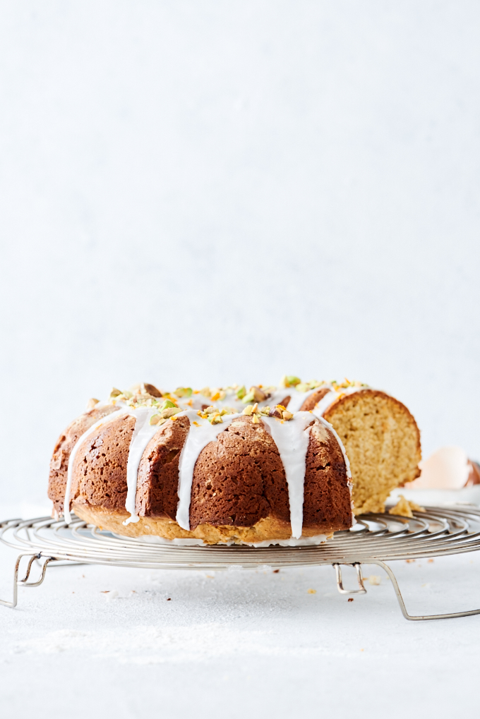 Pistachio Bundt Cake - A rich, dense bundt cake, flavoured with pistachio, and a hint of Orange Blossom Water.